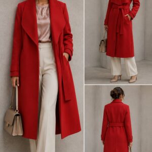 Elegancki czerwony płaszcz damski z paskiem. Lekki, ciepły i stylowy. Produkcja niemiecka. Dostępne rozmiary 34-46. Zamów online z szybką dostawą w Polsce!