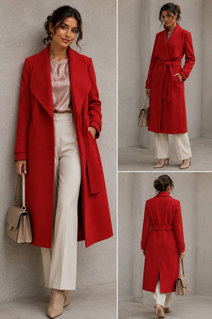 Elegancki czerwony płaszcz damski z paskiem. Lekki, ciepły i stylowy. Produkcja niemiecka. Dostępne rozmiary 34-46. Zamów online z szybką dostawą w Polsce!